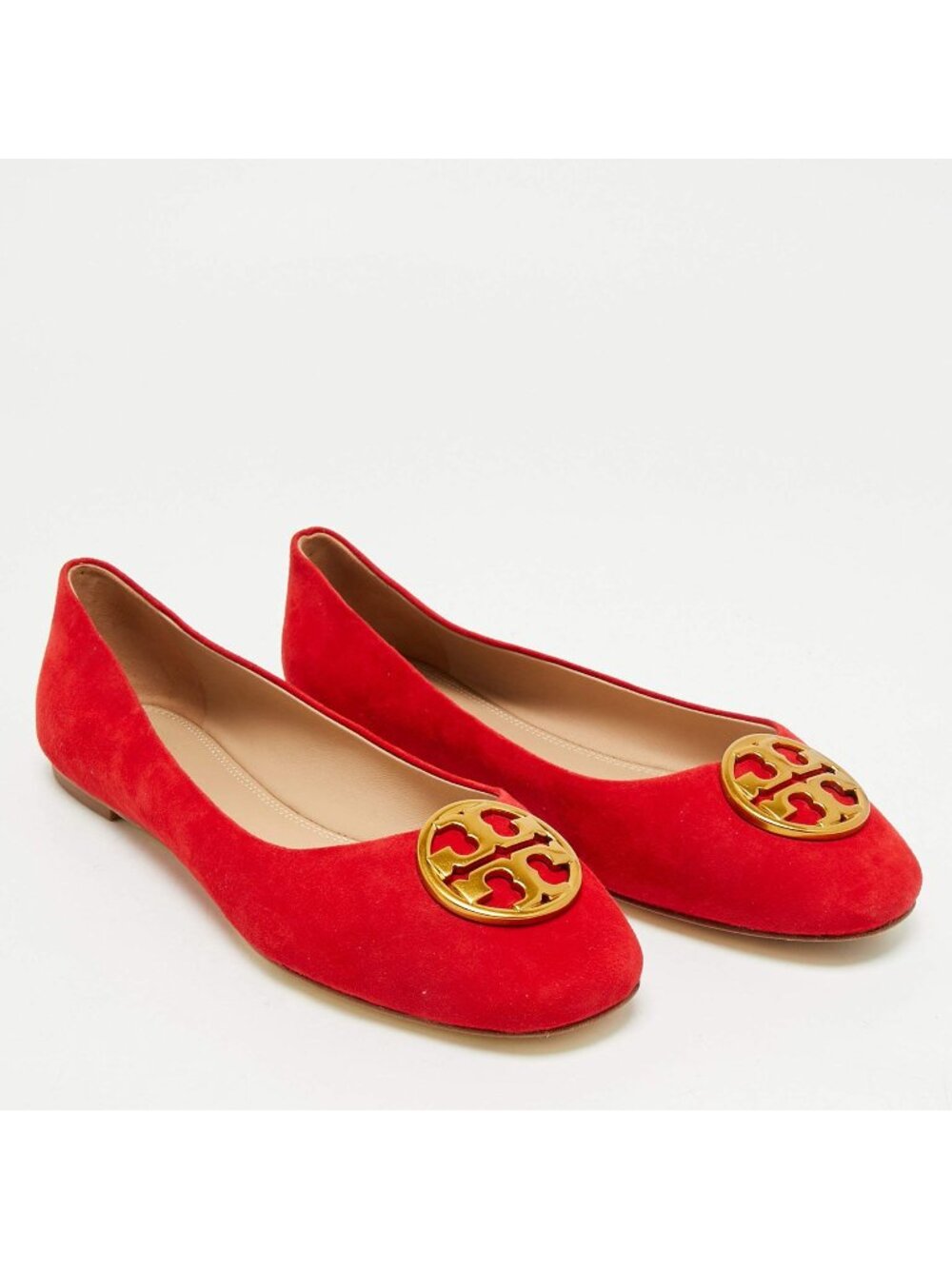 Tory Burch Chelsea Preppy Old Money Red Suede Ballet Flats Gold Logo Women 5.5M